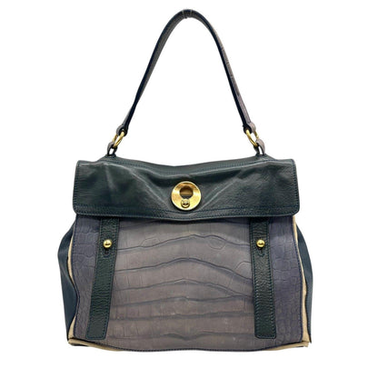 Saint Laurent Hand Bag Tote Purse Muse Toe Canvas Leather Navy Green Authentic