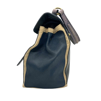 Saint Laurent Hand Bag Tote Purse Muse Toe Canvas Leather Navy Green Authentic