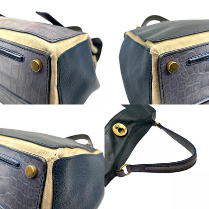 Saint Laurent Hand Bag Tote Purse Muse Toe Canvas Leather Navy Green Authentic