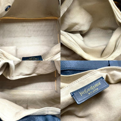 Saint Laurent Hand Bag Tote Purse Muse Toe Canvas Leather Navy Green Authentic