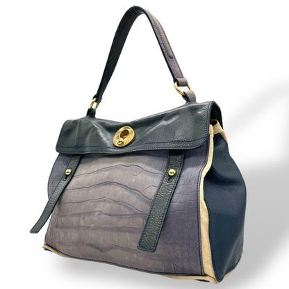 Saint Laurent Hand Bag Tote Purse Muse Toe Canvas Leather Navy Green Authentic