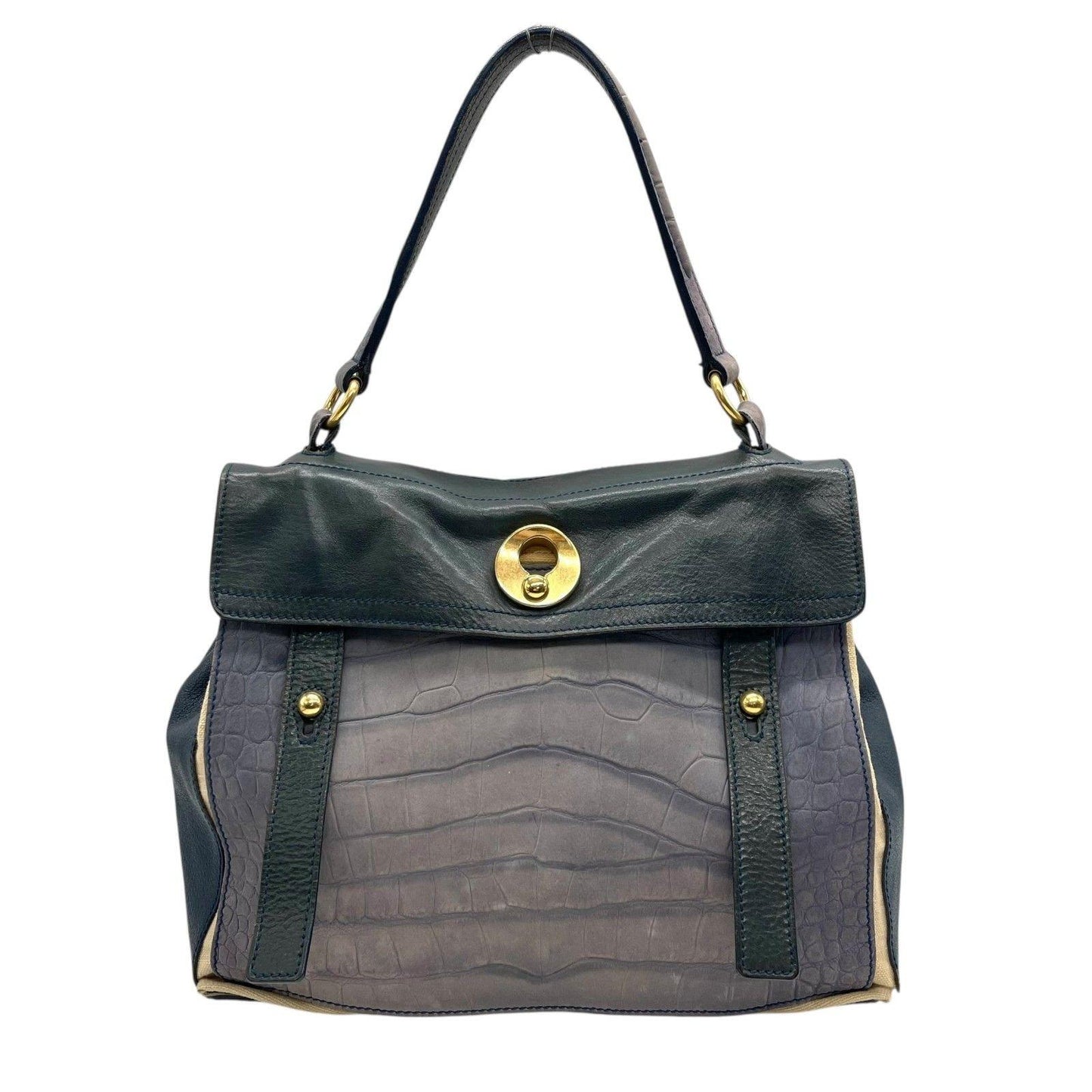 Saint Laurent Hand Bag Tote Purse Muse Toe Canvas Leather Navy Green Authentic