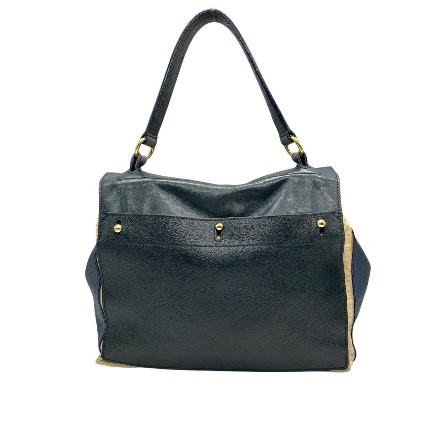 Saint Laurent Hand Bag Tote Purse Muse Toe Canvas Leather Navy Green Authentic