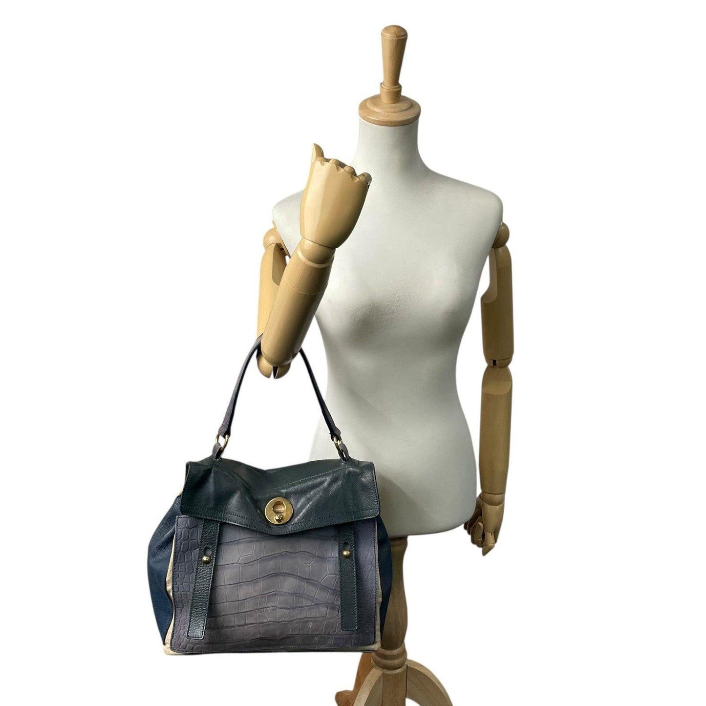 Saint Laurent Hand Bag Tote Purse Muse Toe Canvas Leather Navy Green Authentic