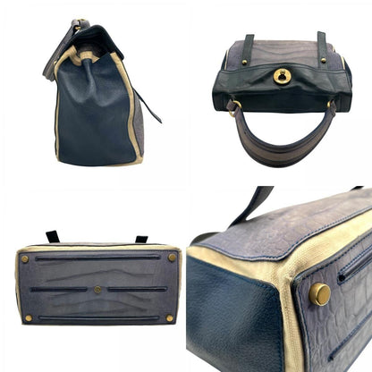 Saint Laurent Hand Bag Tote Purse Muse Toe Canvas Leather Navy Green Authentic