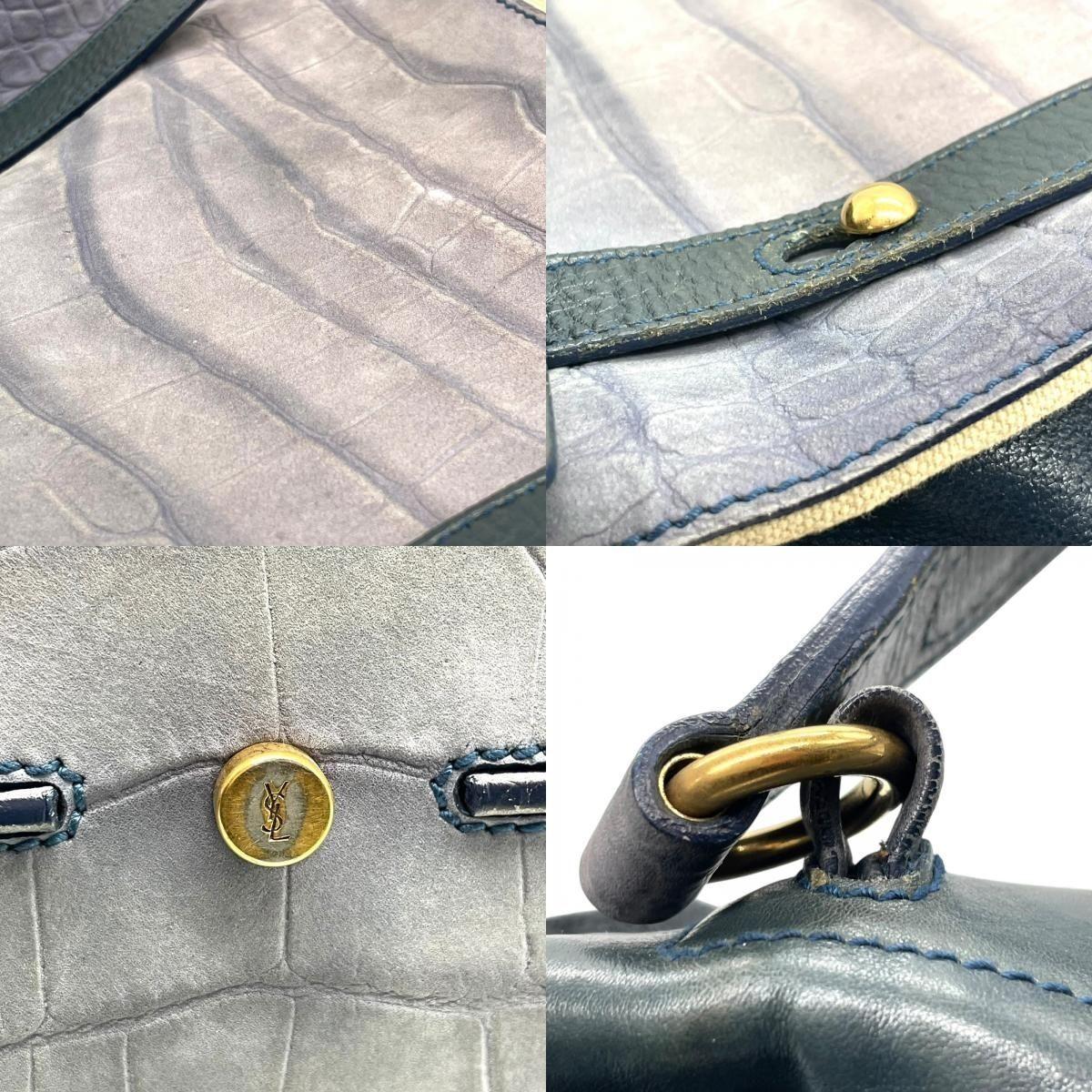 Saint Laurent Hand Bag Tote Purse Muse Toe Canvas Leather Navy Green Authentic