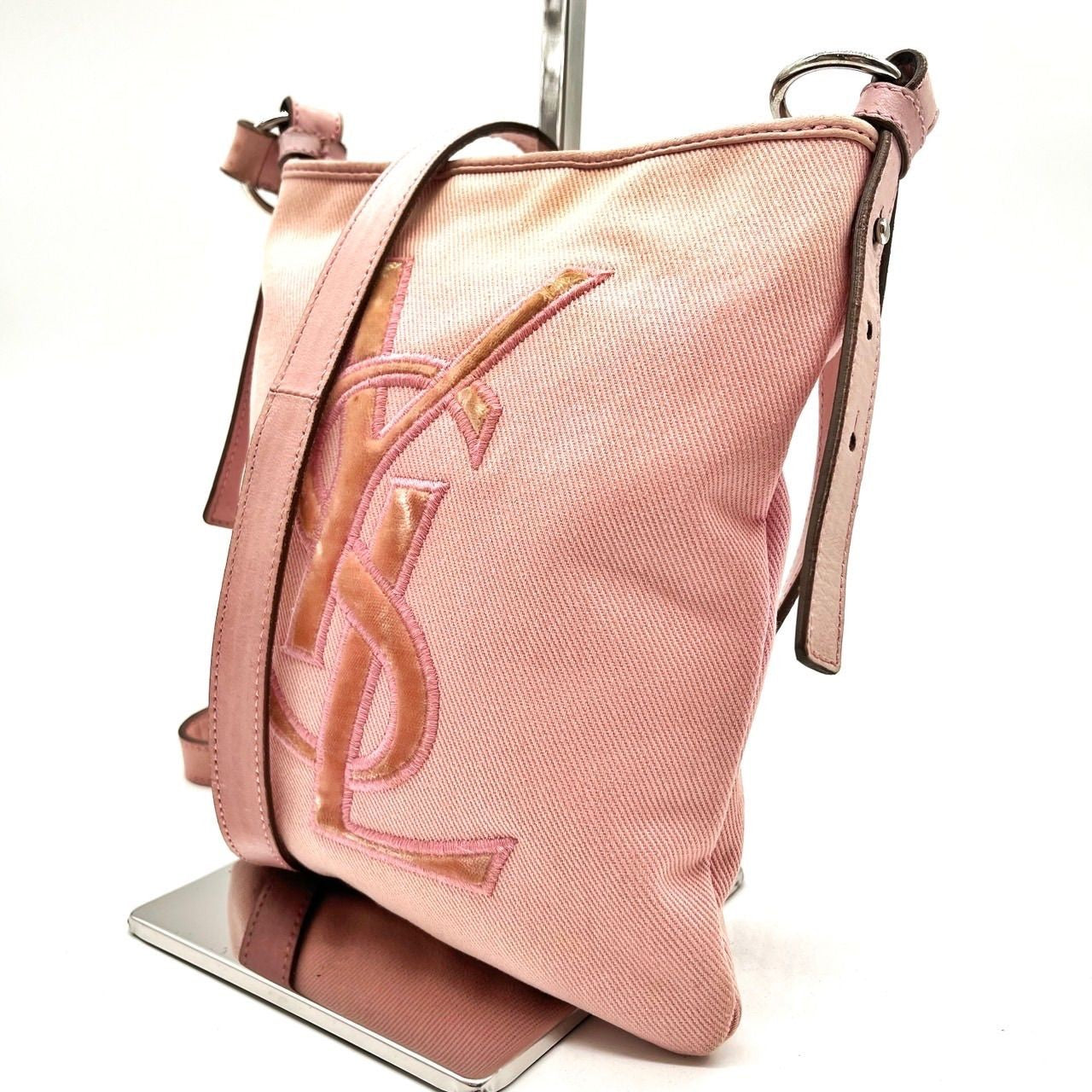 Saint Laurent Shoulder Bag Purse YSL Cassandra Canvas Leather Pink Authentic