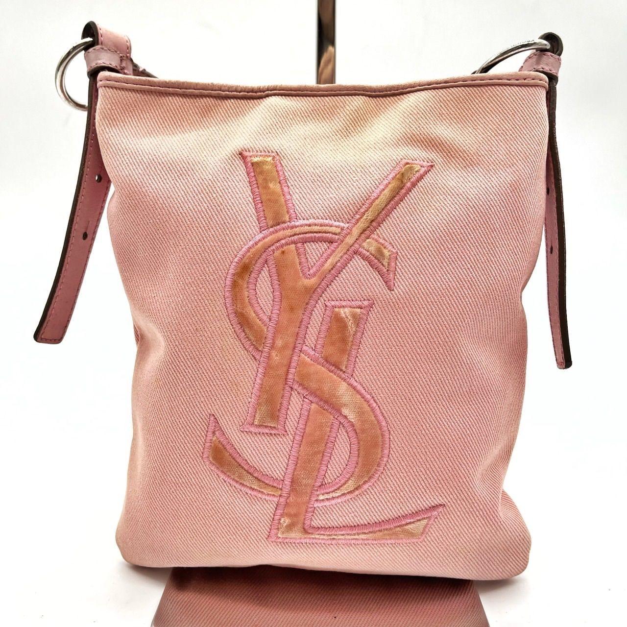 Saint Laurent Shoulder Bag Purse YSL Cassandra Canvas Leather Pink Authentic