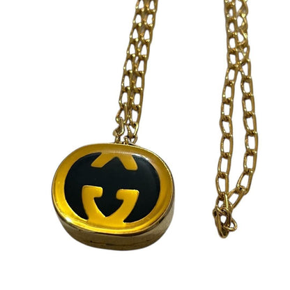 GUCCI Necklace Pendant Interlocking G Gold Black Women Accessory Authentic