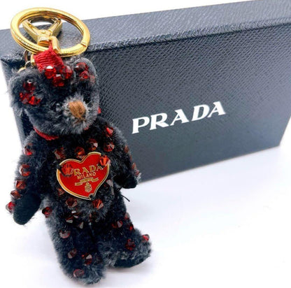 PRADA Key Ring Keychain Bag Charm Bear Rhinestone Black Red Authentic