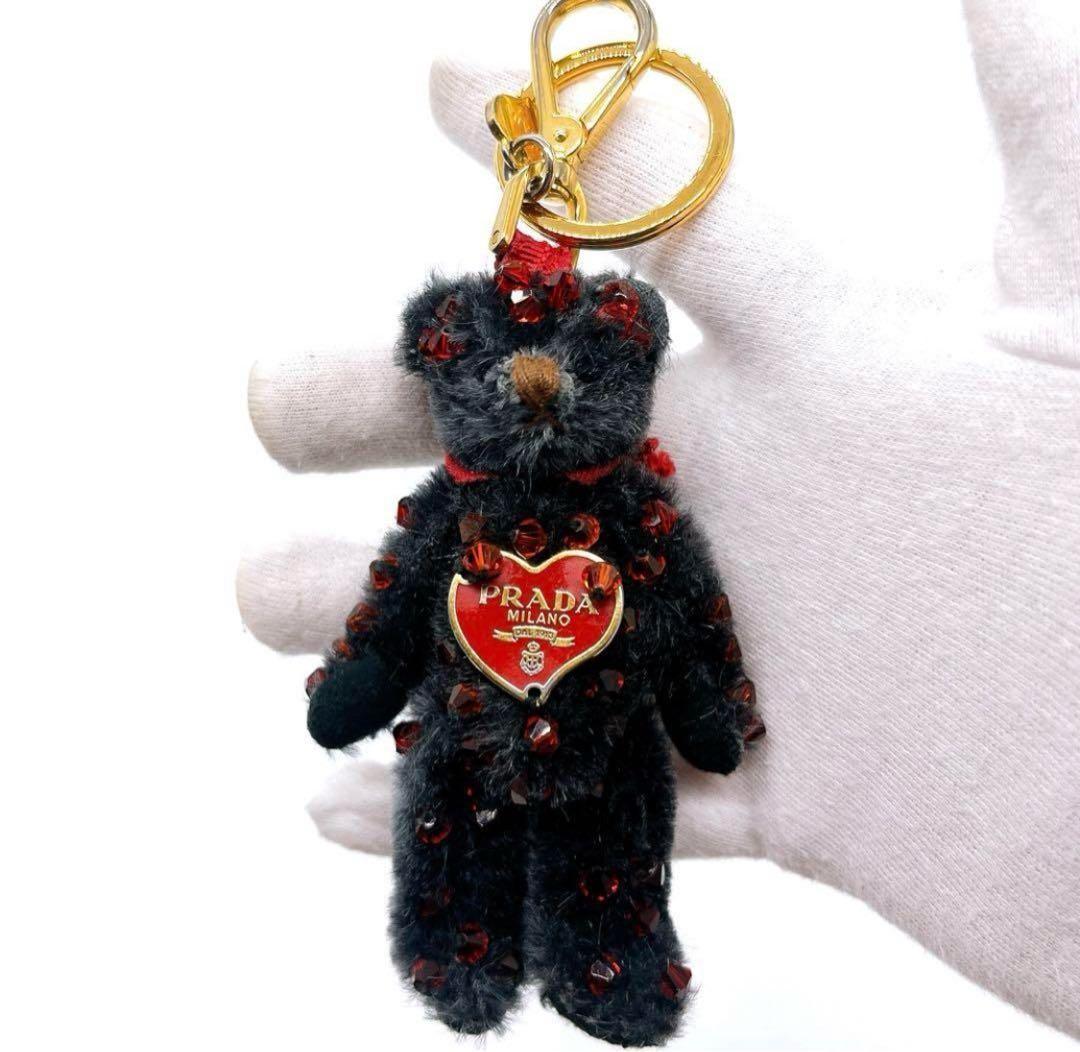 PRADA Key Ring Keychain Bag Charm Bear Rhinestone Black Red Authentic
