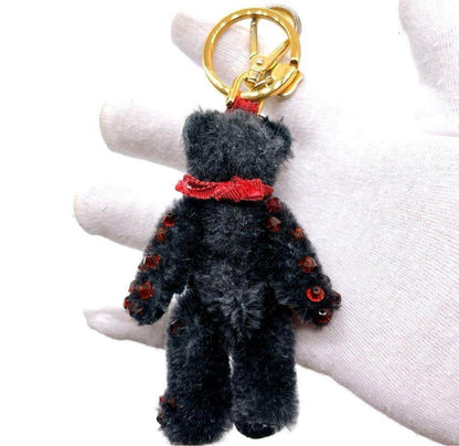 PRADA Key Ring Keychain Bag Charm Bear Rhinestone Black Red Authentic