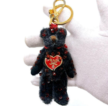 PRADA Key Ring Keychain Bag Charm Bear Rhinestone Black Red Authentic