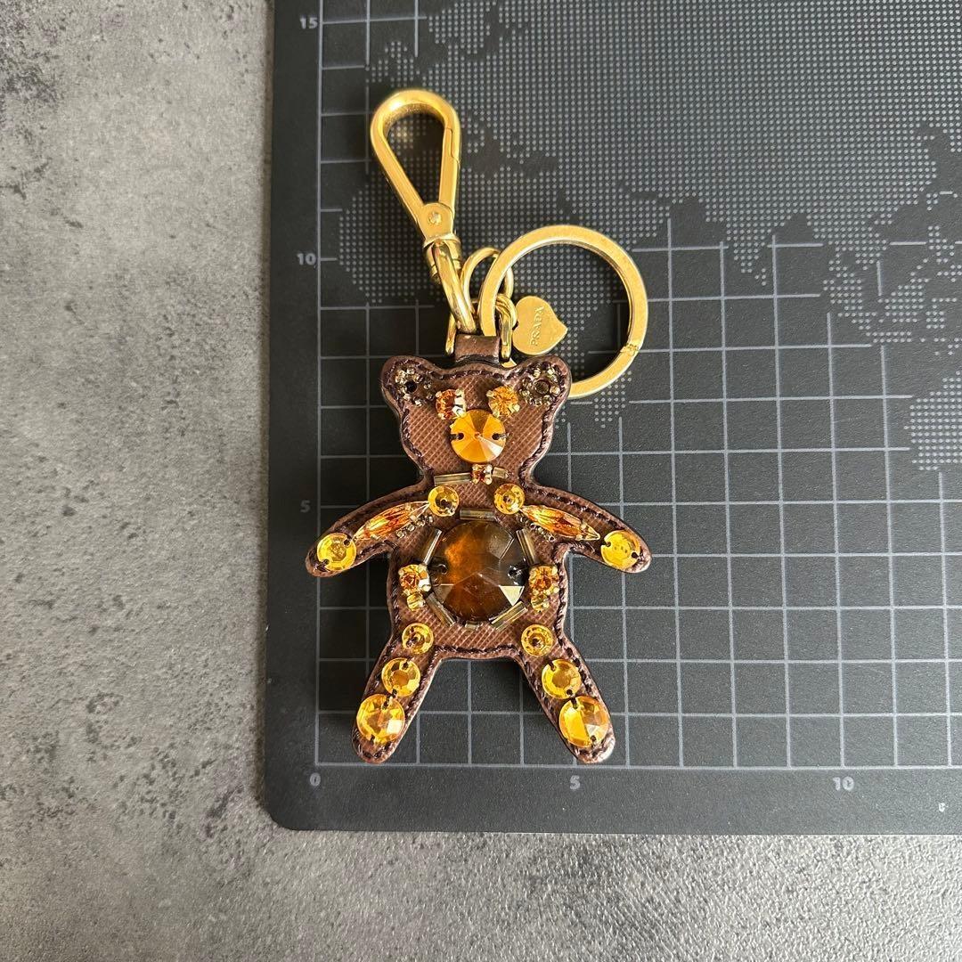 PRADA Key Ring Keychain Bag Charm Bear Crystal Leather Brown Authentic