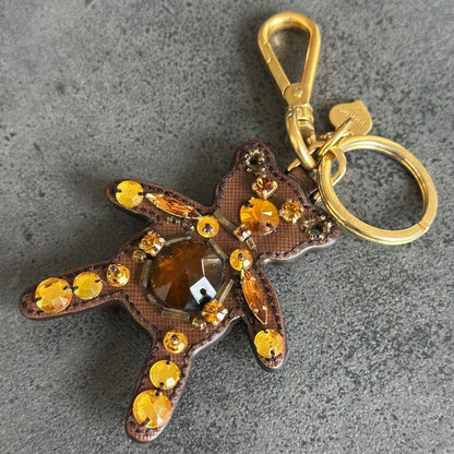 PRADA Key Ring Keychain Bag Charm Bear Crystal Leather Brown Authentic