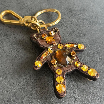 PRADA Key Ring Keychain Bag Charm Bear Crystal Leather Brown Authentic