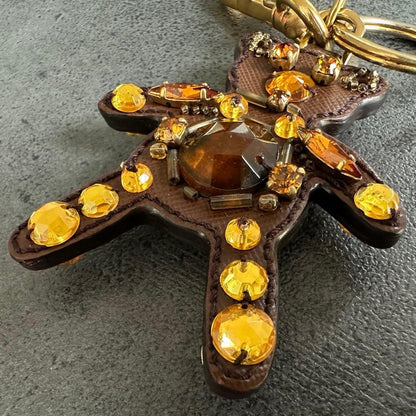 PRADA Key Ring Keychain Bag Charm Bear Crystal Leather Brown Authentic