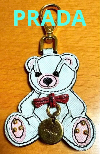 PRADA Key Ring Keychain Bag Charm Bear Leather White Pink Red Authentic
