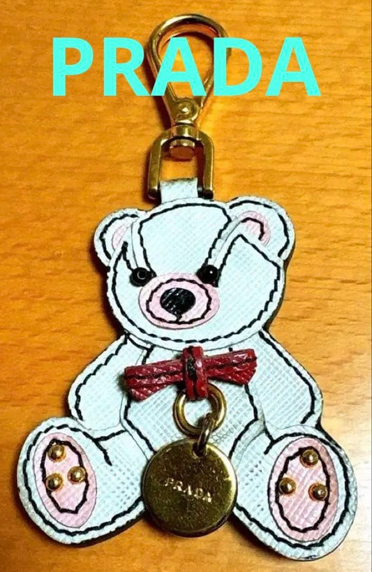 PRADA Key Ring Keychain Bag Charm Bear Leather White Pink Red Authentic