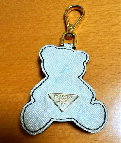 PRADA Key Ring Keychain Bag Charm Bear Leather White Pink Red Authentic