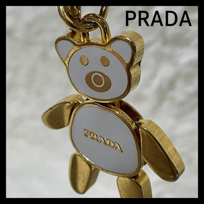PRADA Key Ring Keychain Bag Charm Bear White Gold Authentic