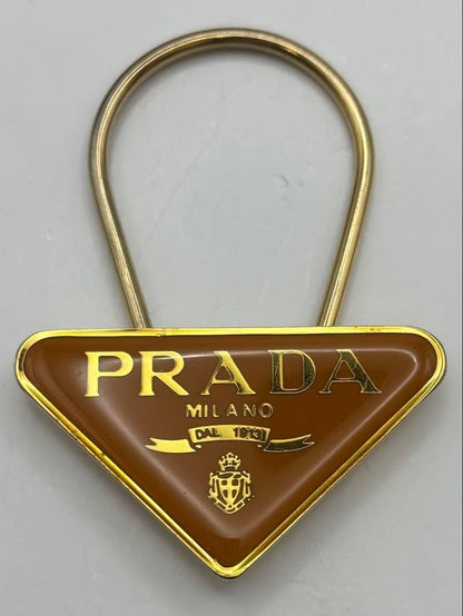 PRADA Key Ring Keychain Bag Charm Logo Brown Gold Authentic