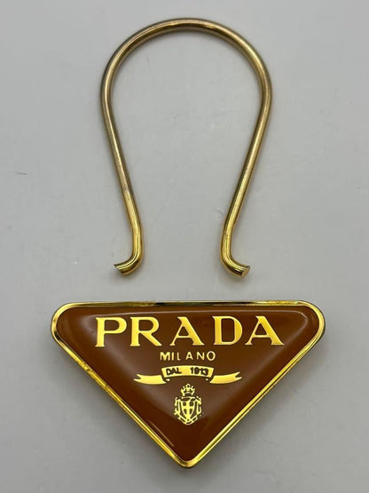 PRADA Key Ring Keychain Bag Charm Logo Brown Gold Authentic