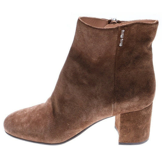 MIU MIU Short Boots Shoes Logo EU 36.5 US 6.5 Suede Leather Brown Authentic