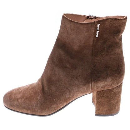 MIU MIU Short Boots Shoes Logo EU 36.5 US 6.5 Suede Leather Brown Authentic