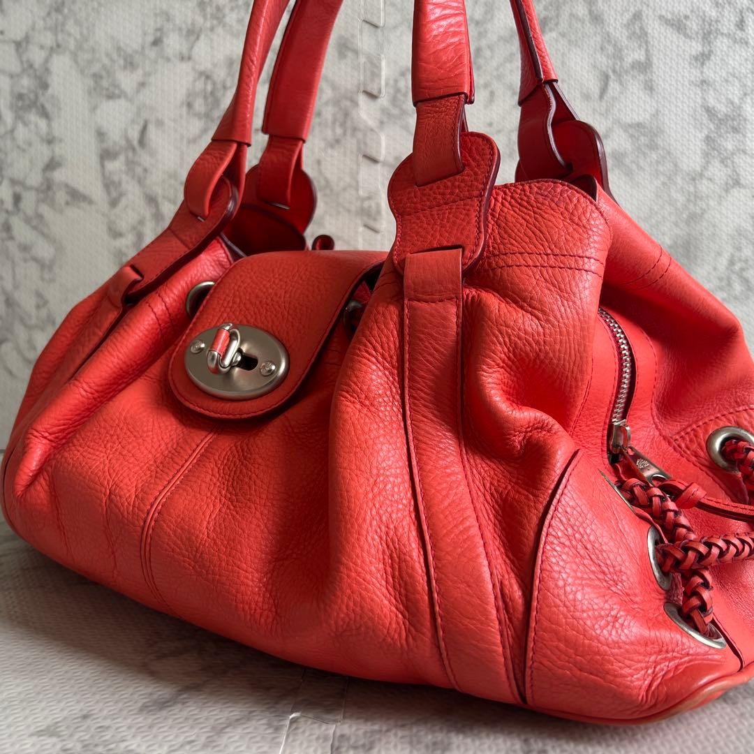 MULBERRY Hand Bag Tote Purse Turn Lock Leather Red Authentic
