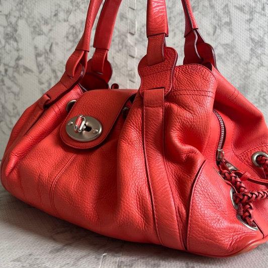 MULBERRY Hand Bag Tote Purse Turn Lock Leather Red Authentic