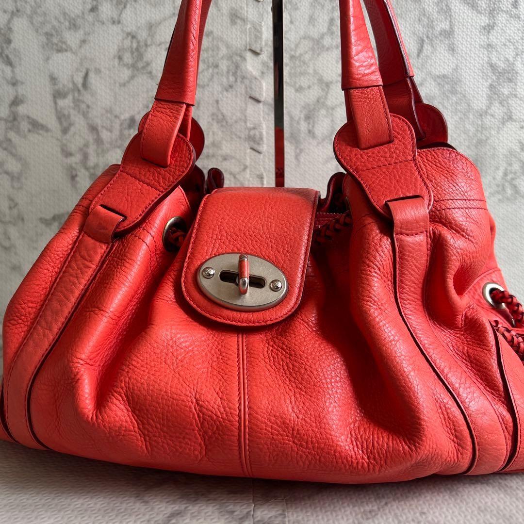 MULBERRY Hand Bag Tote Purse Turn Lock Leather Red Authentic