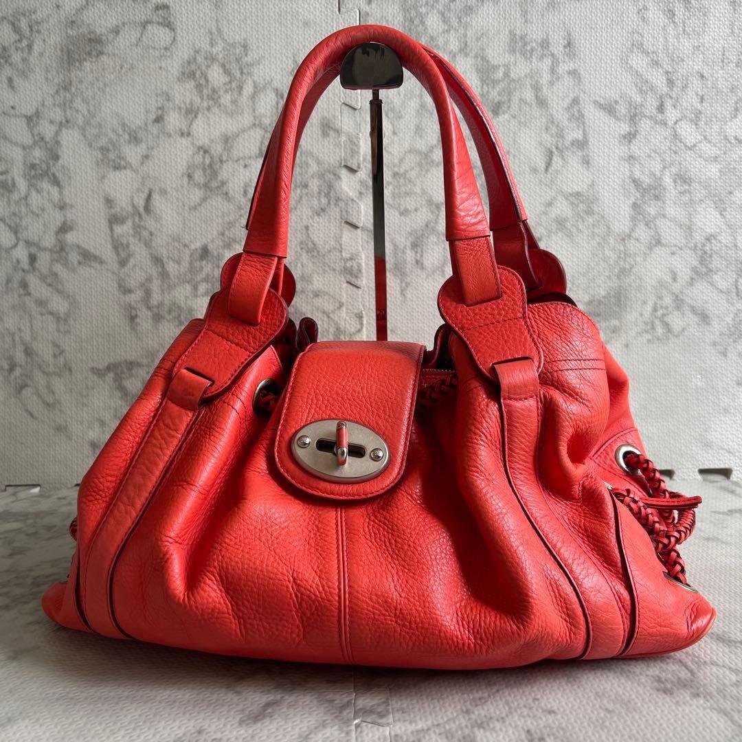 MULBERRY Hand Bag Tote Purse Turn Lock Leather Red Authentic