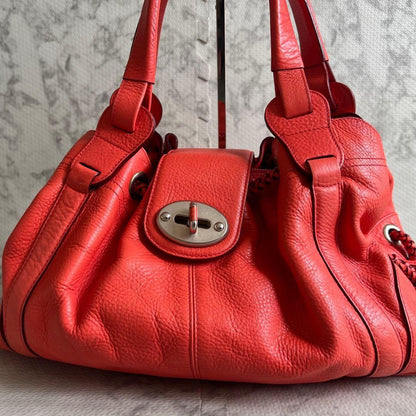 MULBERRY Hand Bag Tote Purse Turn Lock Leather Red Authentic