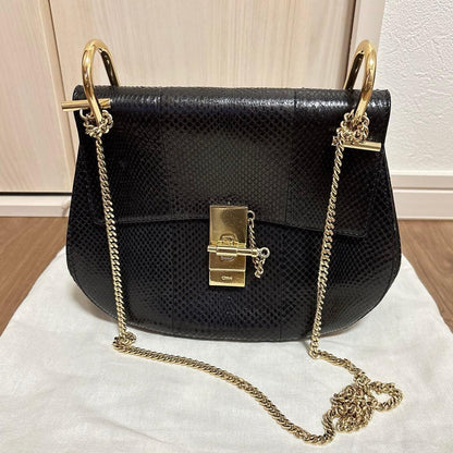 Chloe Shoulder Bag Purse Chain DREW Leather Black Authentic