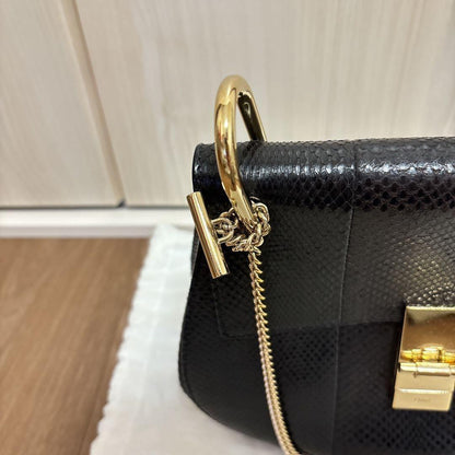 Chloe Shoulder Bag Purse Chain DREW Leather Black Authentic