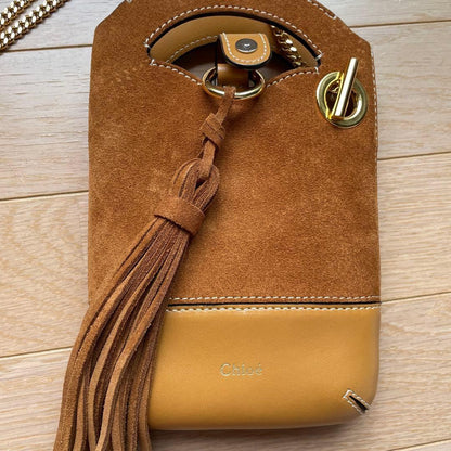 Chloe Smartphone Shoulder Bag Purse WALDEN Suede Leather Brown Authentic