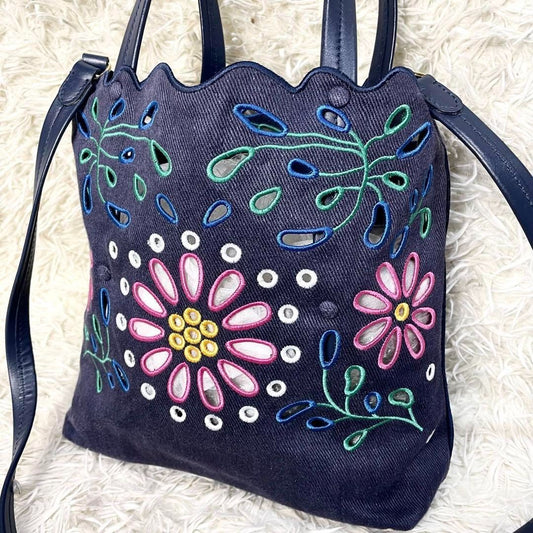 Chloe Hand Shoulder Bag Tote Purse 2way Canvas Navy Authentic