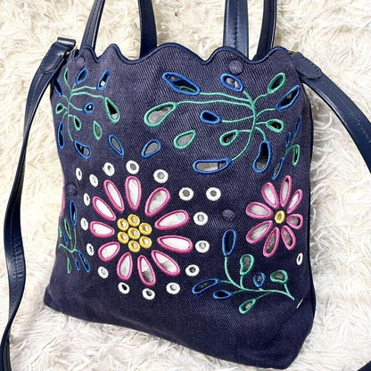 Chloe Hand Shoulder Bag Tote Purse 2way Canvas Navy Authentic