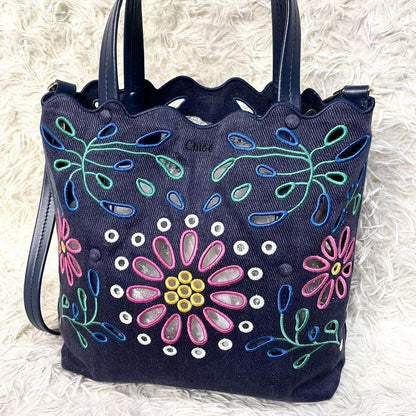 Chloe Hand Shoulder Bag Tote Purse 2way Canvas Navy Authentic