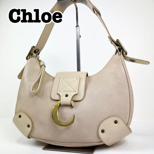 Chloe Accessory Pouch Shoulder Bag Purse Leather Pink Beige Authentic