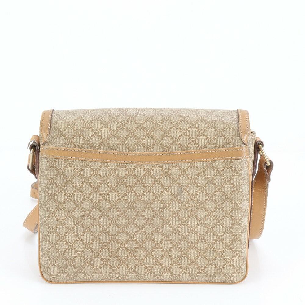 CELINE Shoulder Bag Purse Macadam Leather Coated Canvas Beige Authentic