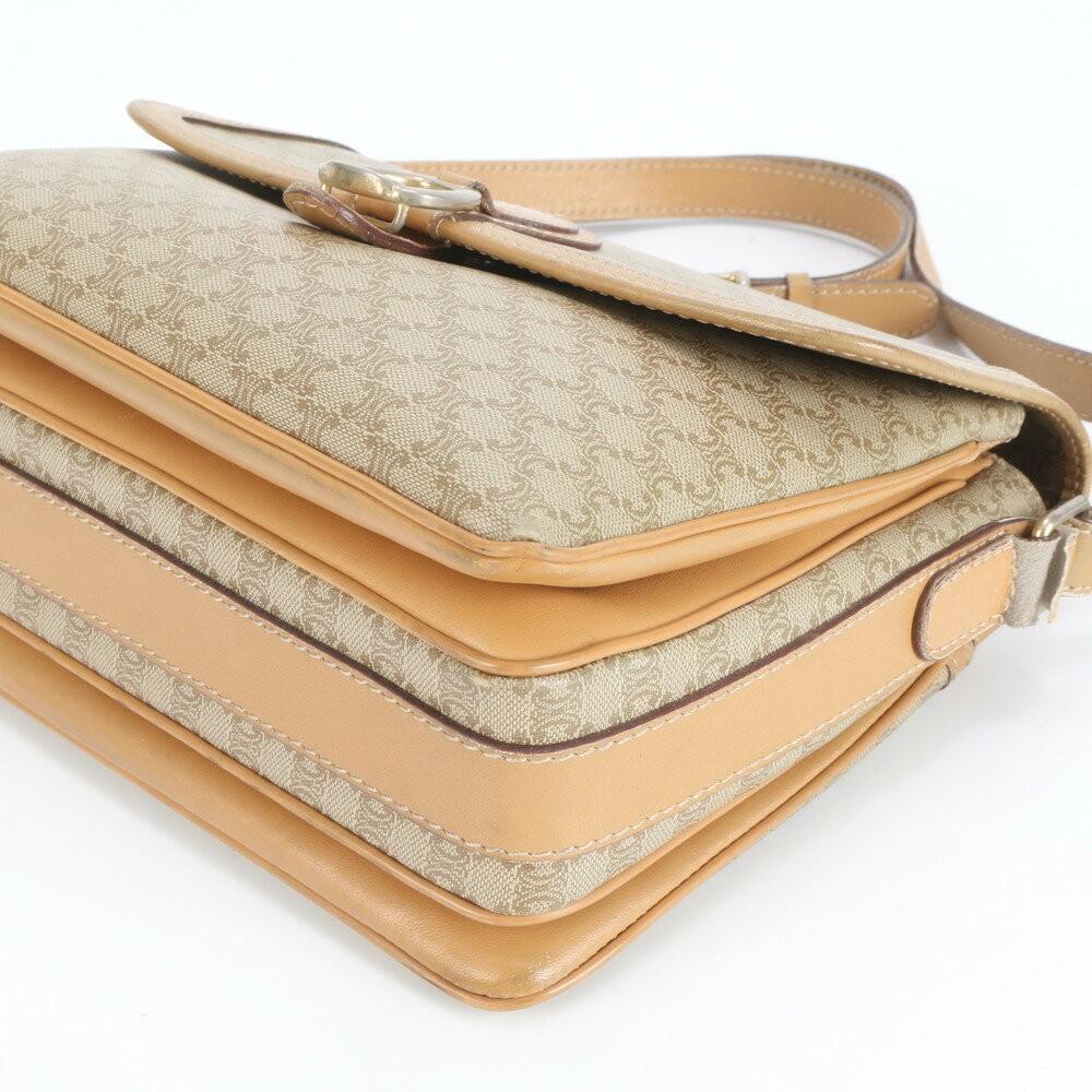 CELINE Shoulder Bag Purse Macadam Leather Coated Canvas Beige Authentic