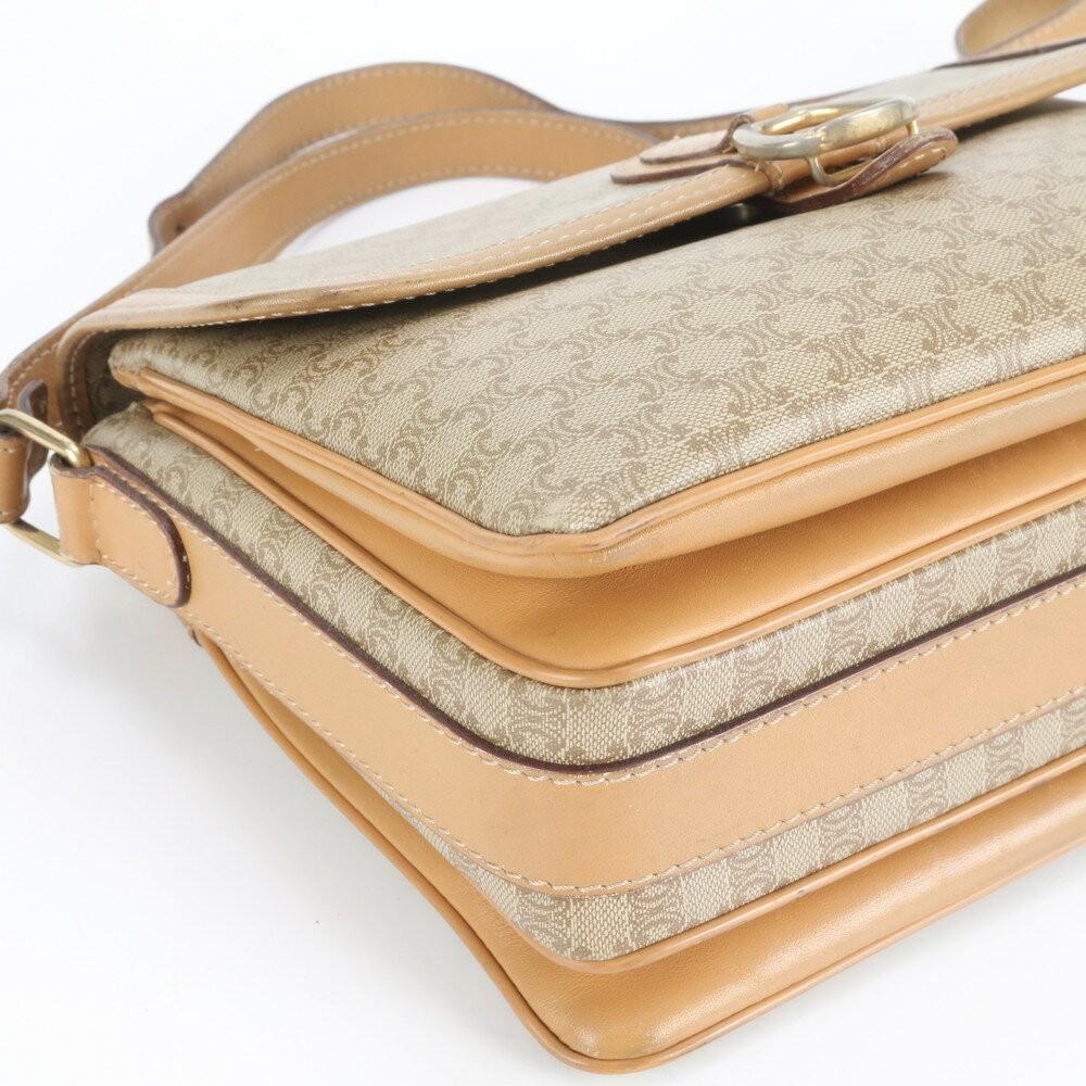 CELINE Shoulder Bag Purse Macadam Leather Coated Canvas Beige Authentic