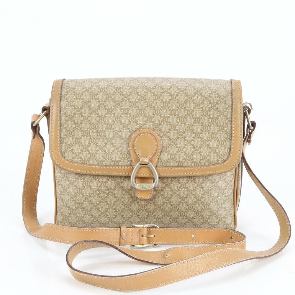 CELINE Shoulder Bag Purse Macadam Leather Coated Canvas Beige Authentic