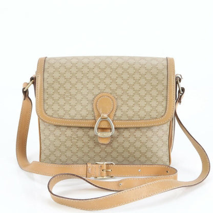 CELINE Shoulder Bag Purse Macadam Leather Coated Canvas Beige Authentic