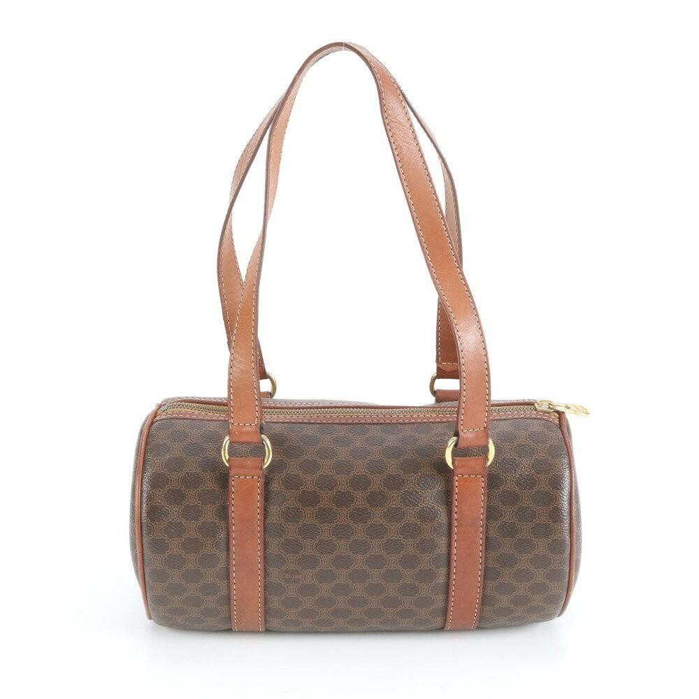 CELINE Hand Bag Tote Purse Mini Boston Macadam Leather Coated Canvas Brown Auth