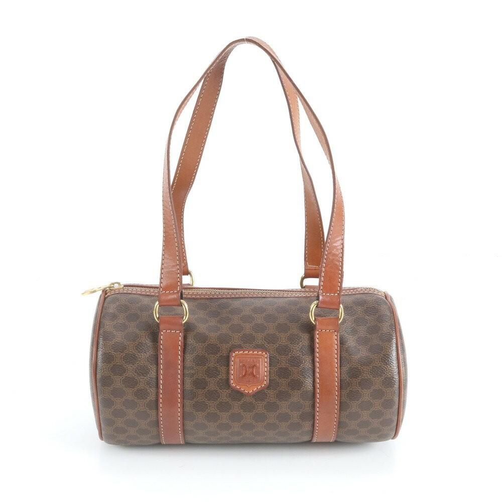 CELINE Hand Bag Tote Purse Mini Boston Macadam Leather Coated Canvas Brown Auth
