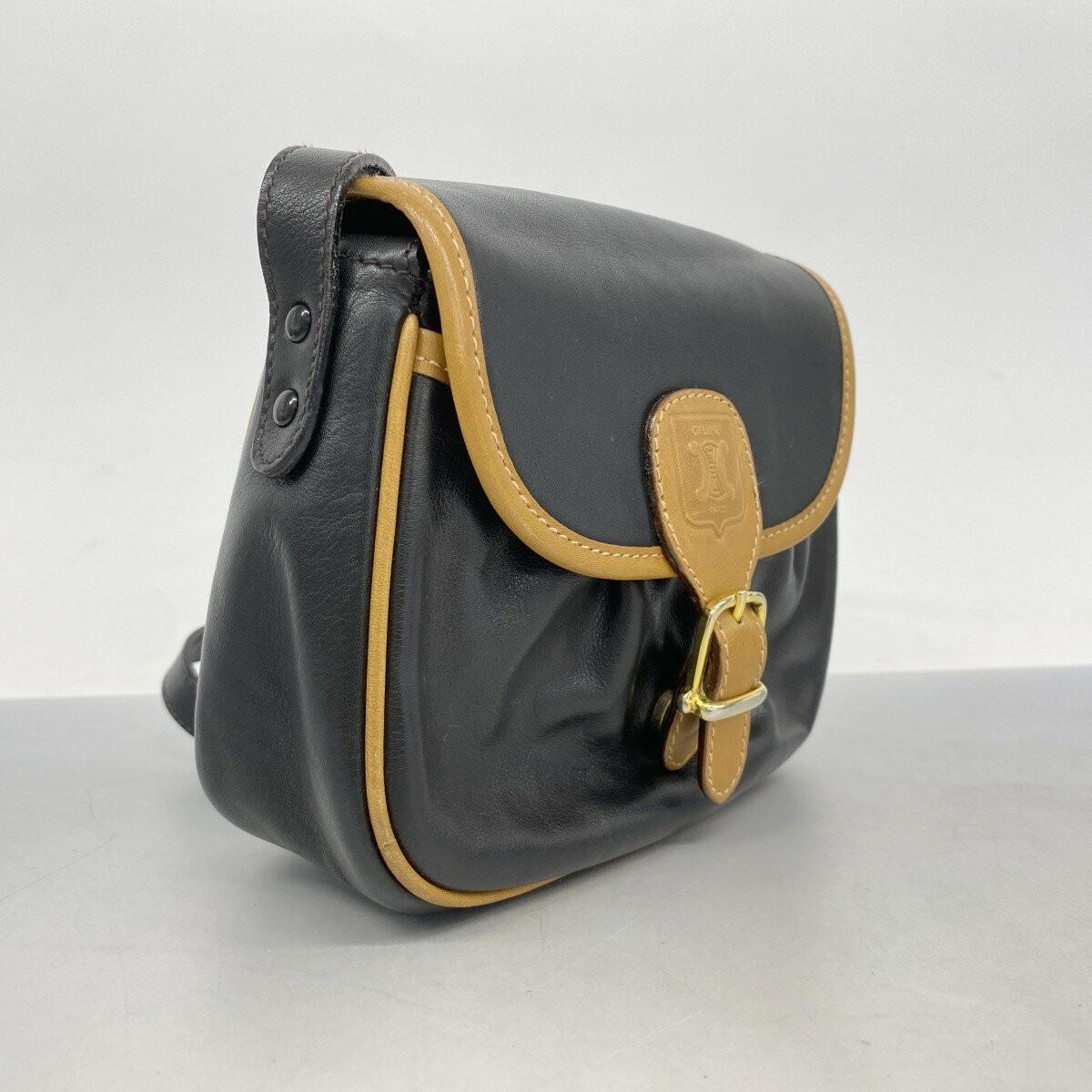 CELINE Shoulder Bag Purse Macadam Leather Brown Black Authentic