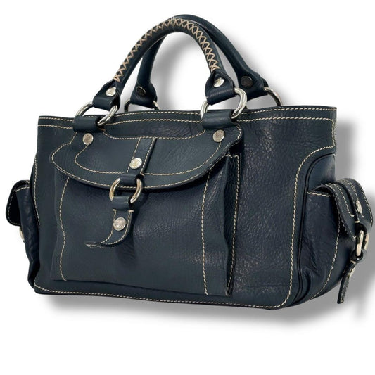 CELINE Hand Bag Tote Purse Boogie Leather Navy Authentic